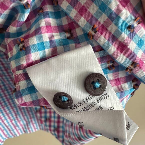 Robert Graham Plaid Short Sleeve Casual Button Down Shirt Pink and Blue Large - Picture 4 of 7